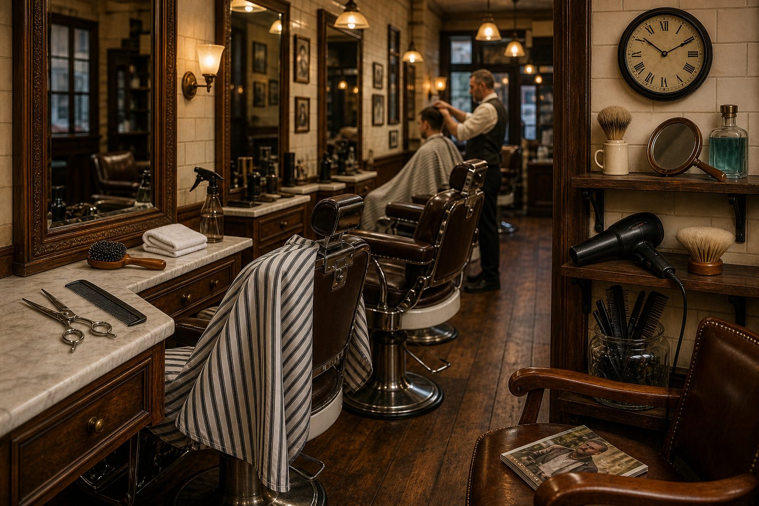 A traditional barber shop with leather chairs, mirrors and a marble work counter.