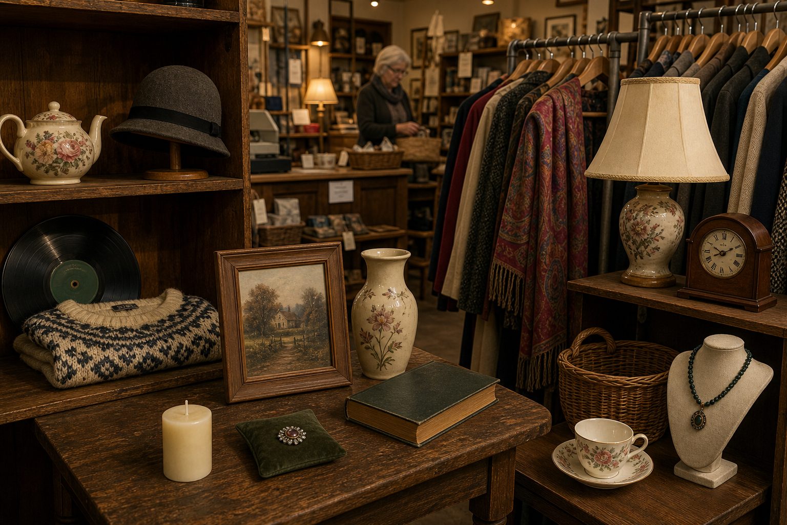 A warm charity shop with wooden shelves, a clothing rail and household goods on a table.