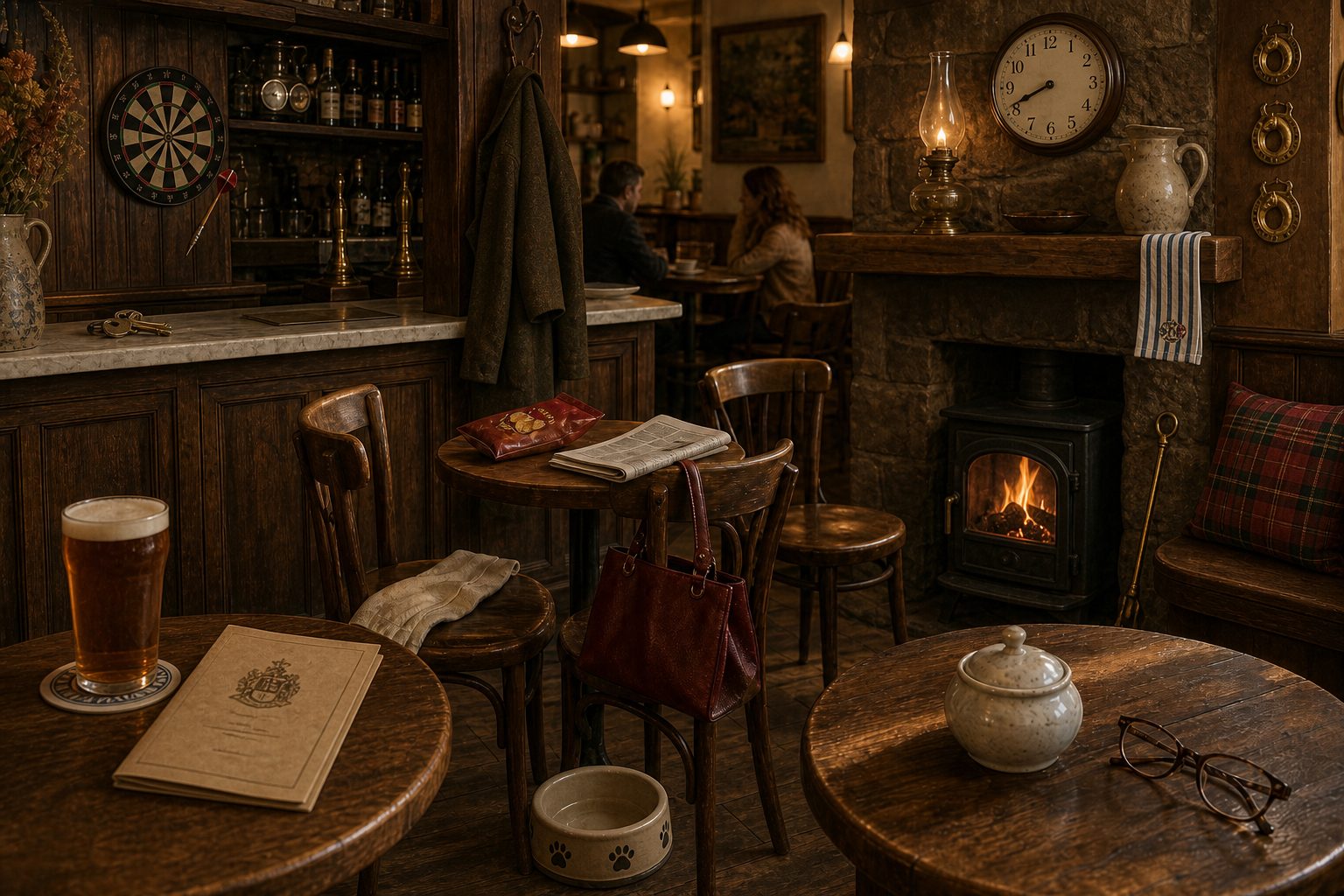 A traditional country pub with a wooden bar, round tables and a stone fireplace.