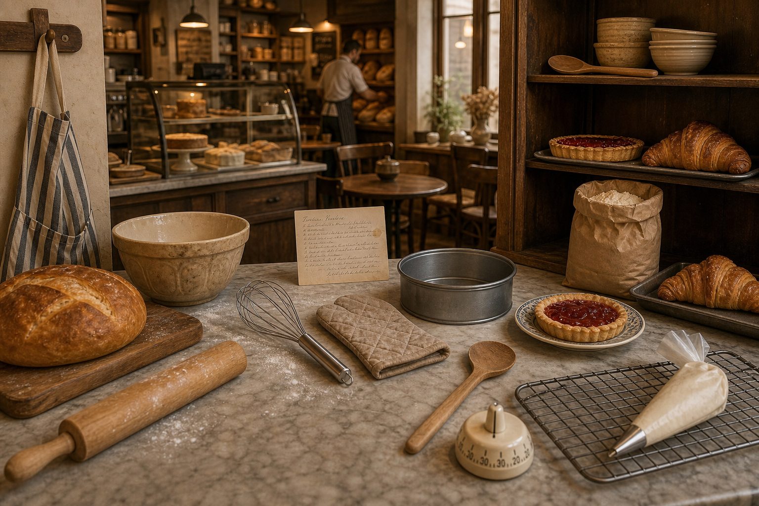 A warm high-street bakery with a marble counter, pastry trays and bread on the shelves.