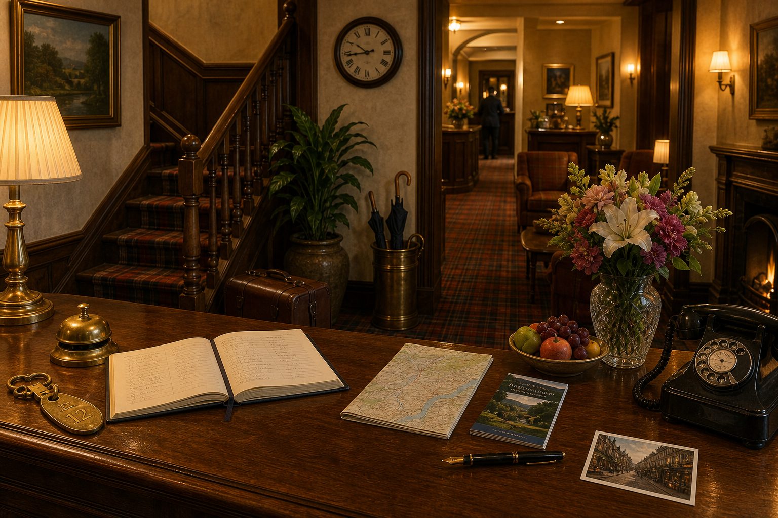 A small traditional hotel reception with a wooden desk, staircase and warm lamps.
