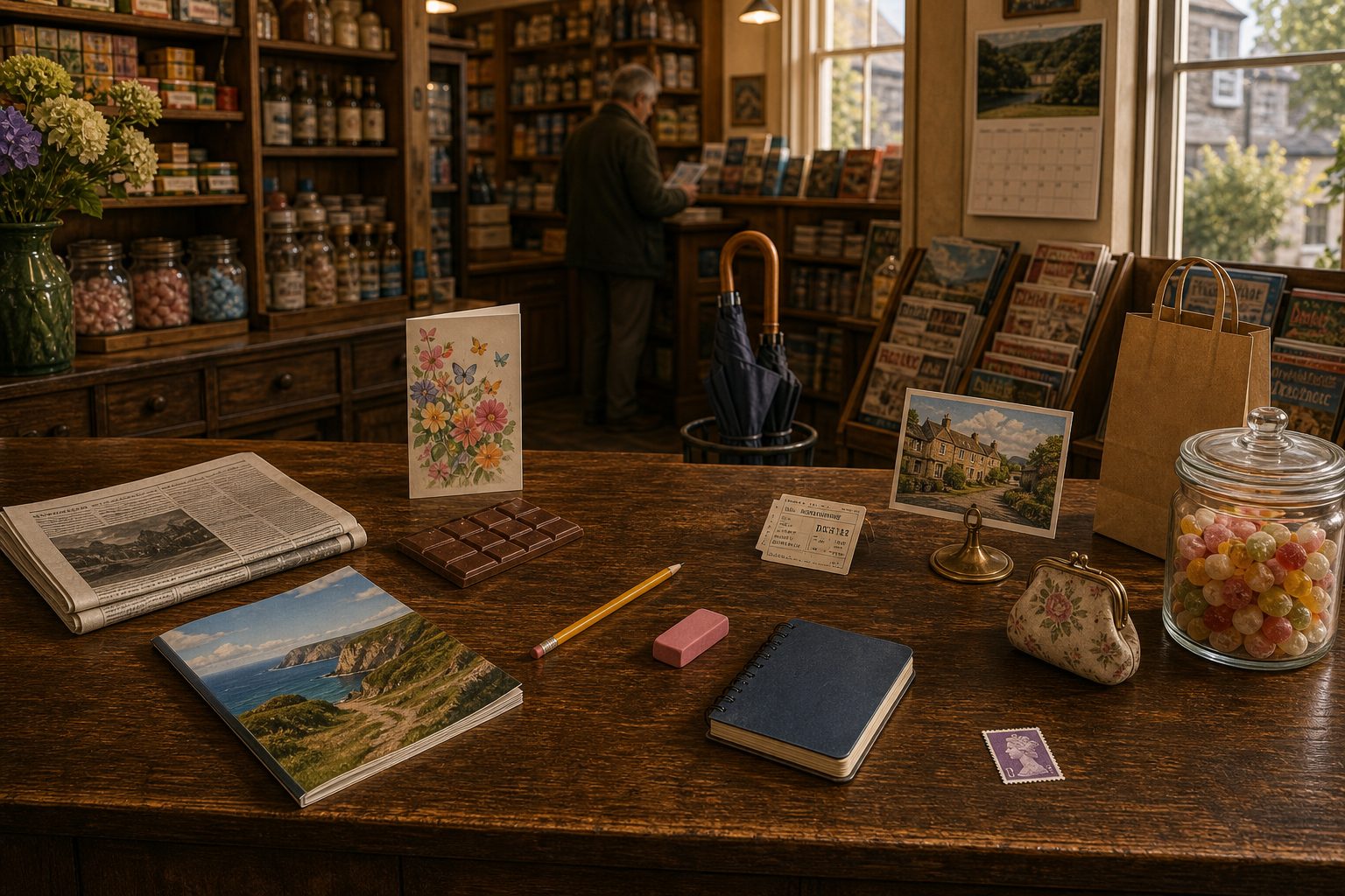 A traditional village newsagent with a wooden counter, sweet jars and a street window.