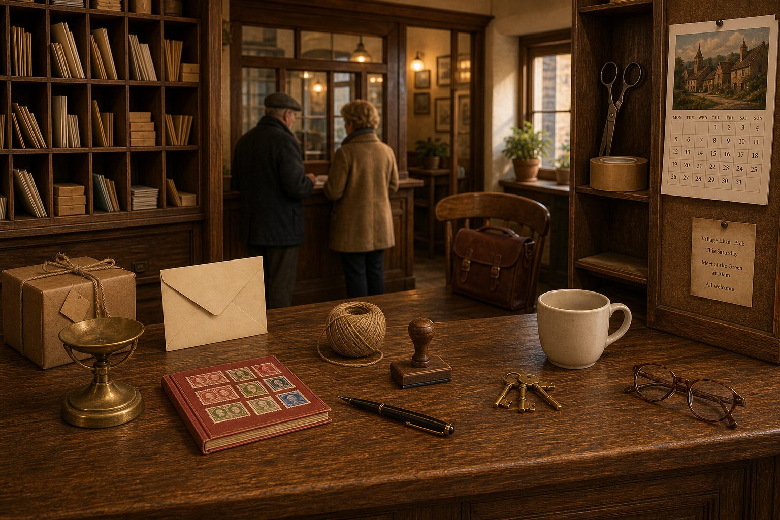 A warm village post office with a wooden counter, letter cubbies and a service window.